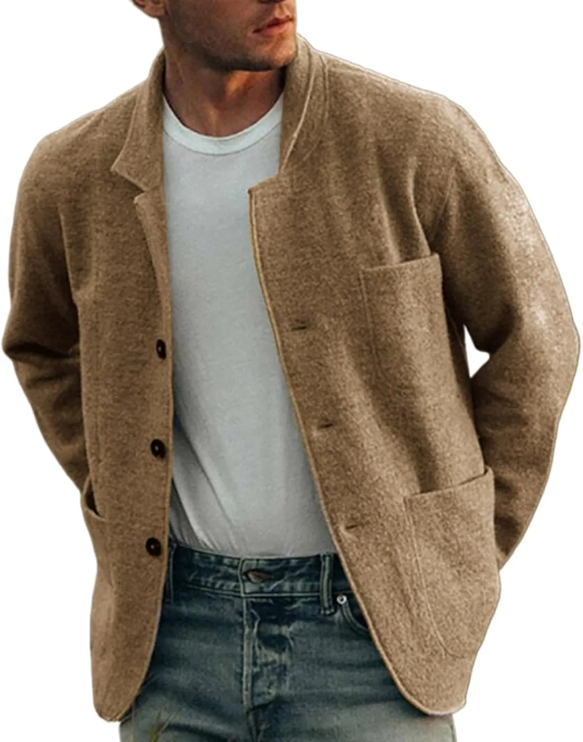 ZYXTIM Men's Casual Blazer Wool Cardigan Jacket Shawl Collar Button Down Lightweight Fall Coat Office Travel Classic Jacket
