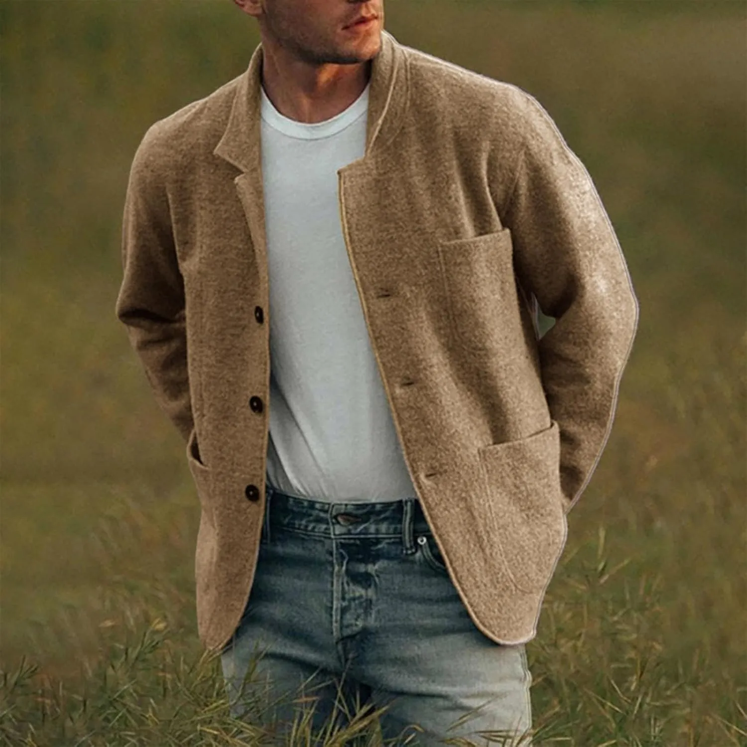 ZYXTIM Men's Casual Blazer Wool Cardigan Jacket Shawl Collar Button Down Lightweight Fall Coat Office Travel Classic Jacket